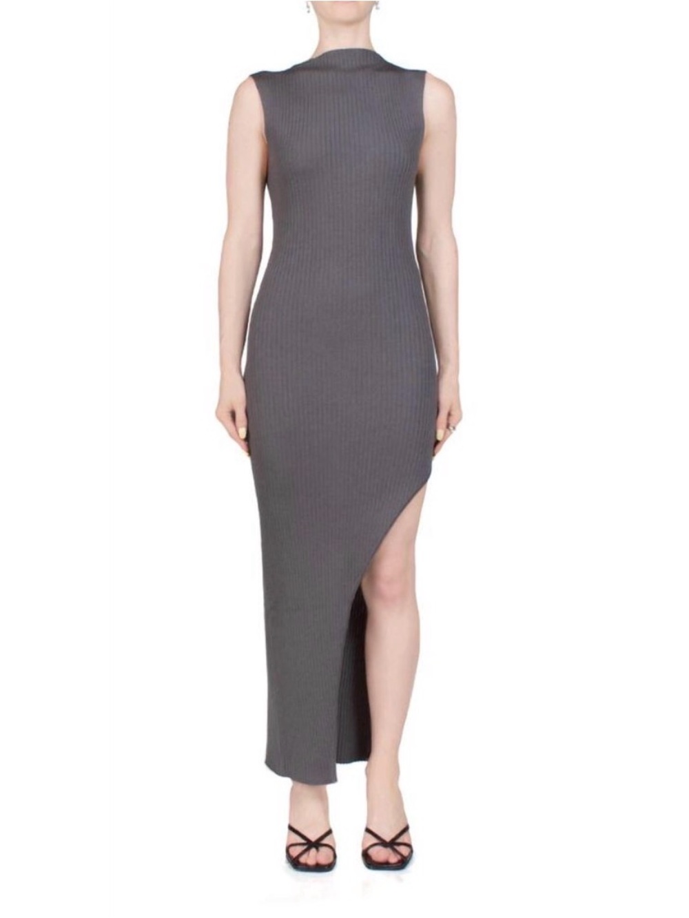 St. Agni Cut Away Dress Women's Large Ribbed Knit Maxi High Slit Stone Gray